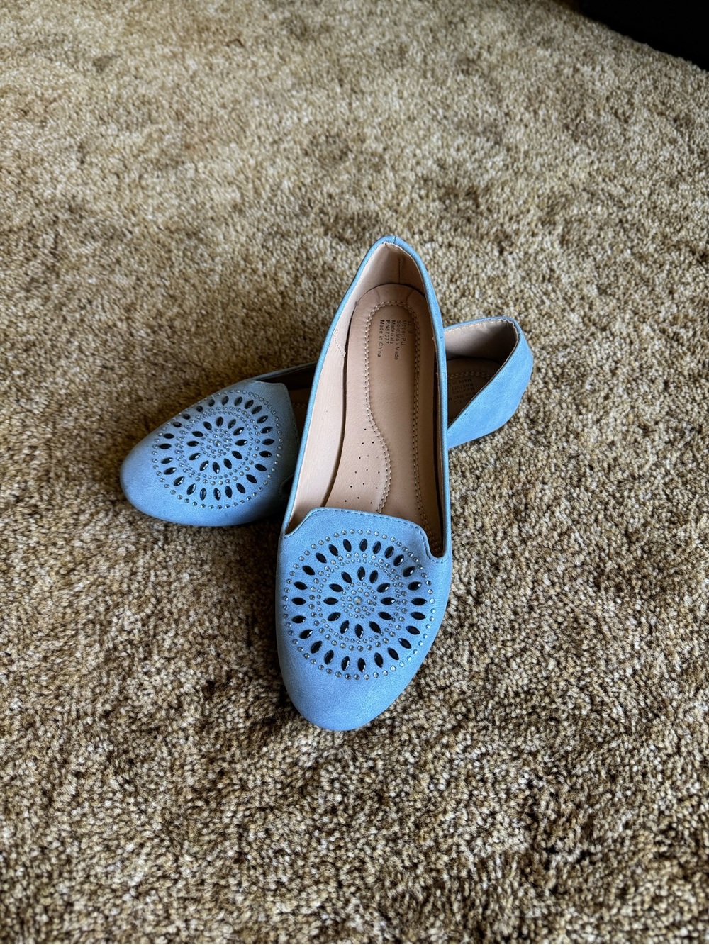 Baby blue suede flats with rhinestone detailing; excellent condition